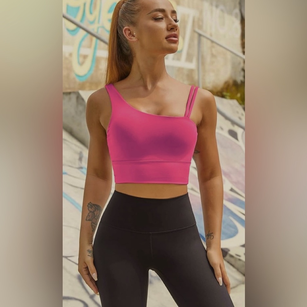 NWOT MELYUM Long Line Sports Bra Crop Top Supportive Yoga Open Back Asymmetrical